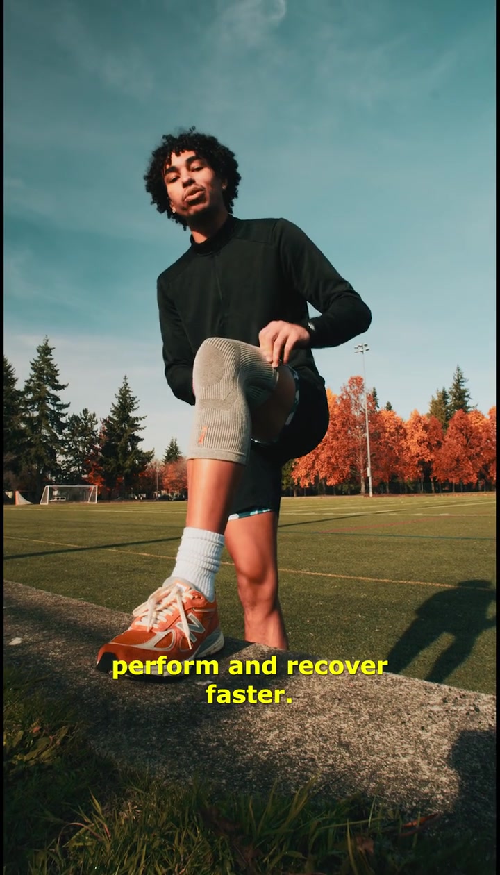 Jayo stretching on a field in an Incrediwear knee sleeve, captioned perform and recover faster